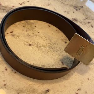 POLO by RALPH LAUREN, BRASS LOGO BUCKLE,BROWN LEATHER BELT